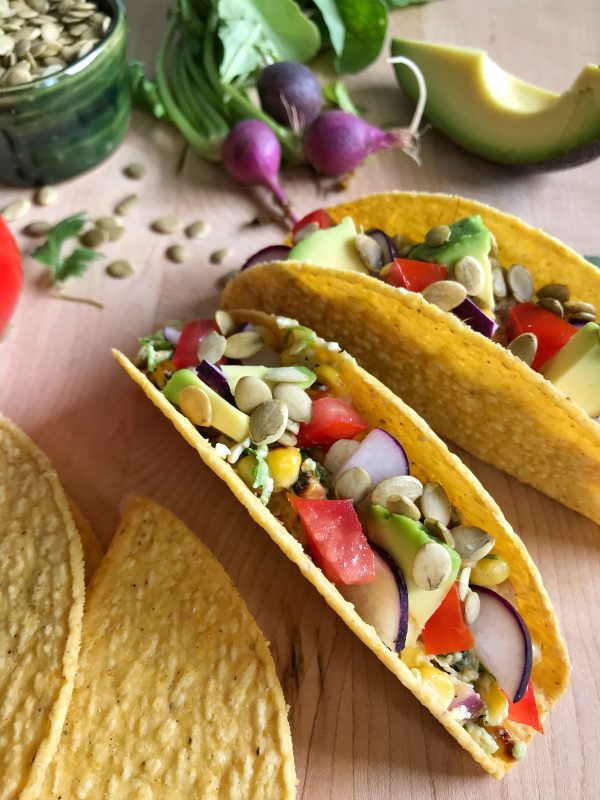 Mexican Grilled Corn Tacos via LizsHealthyTable.com #MeatlessMonday