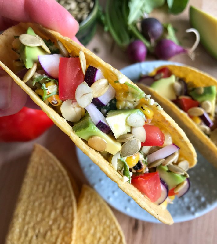 Mexican Grilled Corn Tacos via LizsHealthyTable.com #MeatlessMonday