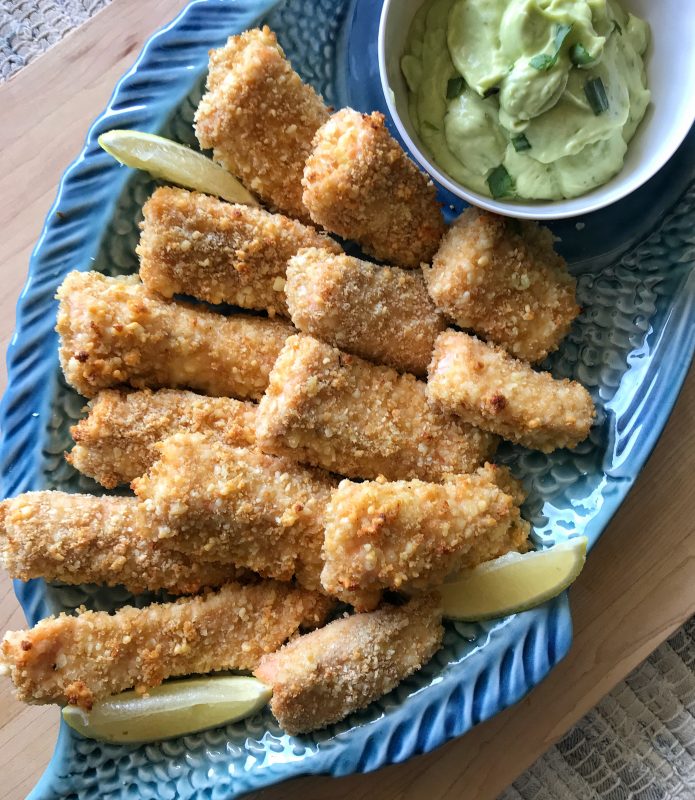 Parmesan Salmon Sticks with Zesty Avocado Dipping Sauce via LizsHealthyTable.com