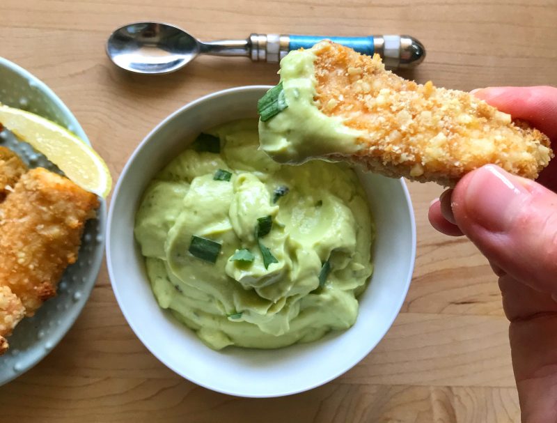 Parmesan Salmon Sticks with Zesty Avocado Dipping Sauce via LizsHealthyTable.com