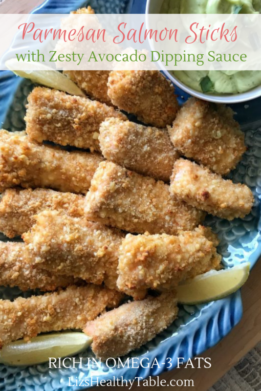Parmesan Salmon Sticks with Zesty Avocado Dipping Sauce via LizsHealthyTable.com