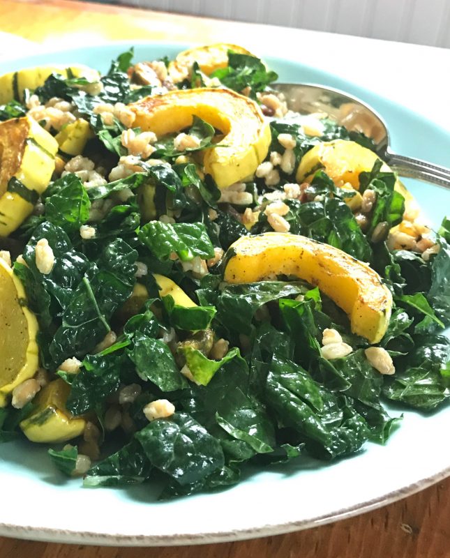Kale salad with roasted delicata squash, farro, pistachios, and apricots via LizsHealthyTable.com
