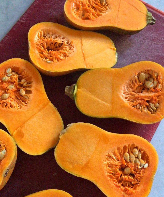 Honeynut Squash Stuffed with Caramelized Onion, Cranberries, Spinach and Bacon via LizsHealthyTable.com