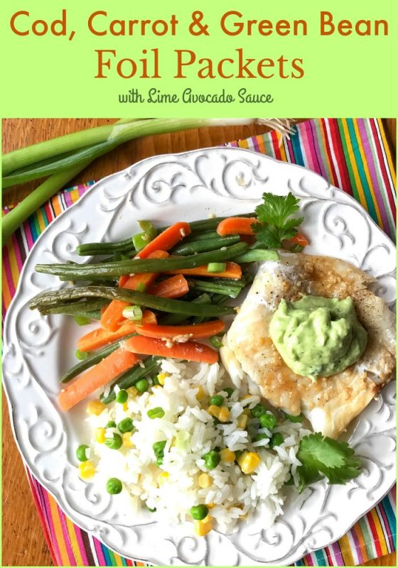 Cod, Carrot and Green Bean Foil Packets with lime avocado sauce via LizsHealthyTable.com