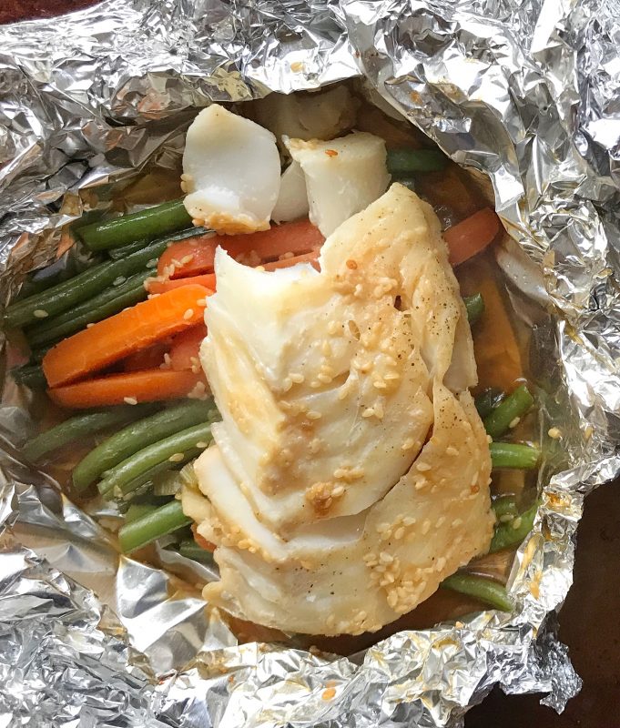 Cod, Carrot and Green Bean Foil Packets with lime avocado sauce via LizsHealthyTable.com #foilpackdinners