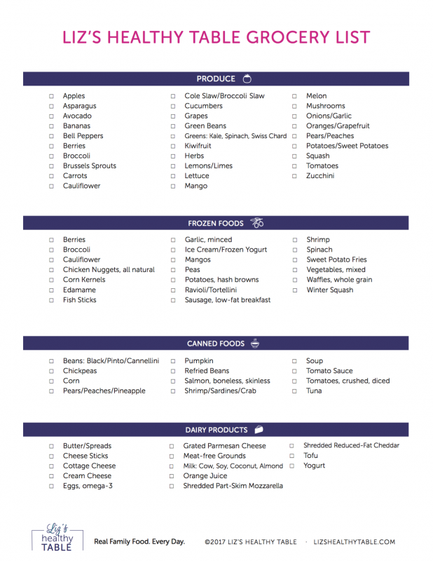 Free supermarket shopping list download via lizshealthytable.com