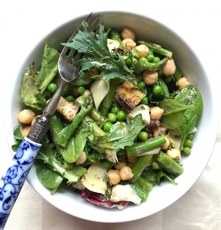 Spring Panzanella with Artichokes, Asparagus, Peas, and Lemon Dill Vinaigrette via LizsHealthyTable.com
