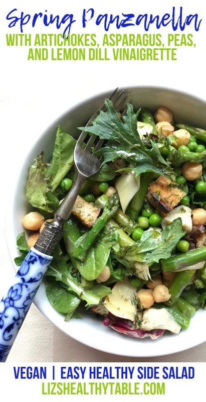 Spring Panzanella with Artichokes, Asparagus, Peas, and Lemon Dill Vinaigrette via LizsHealthyTable.com