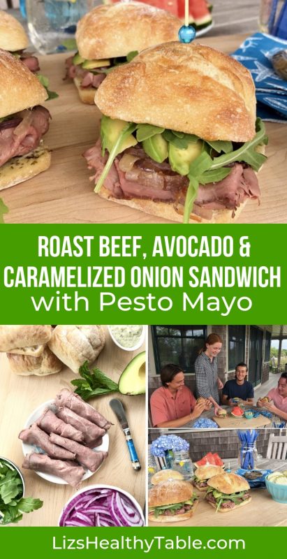 Roast Beef, Avocado & Caramelized Onion Sandwich with Pesto Mayo via LizsHealthyTable.com