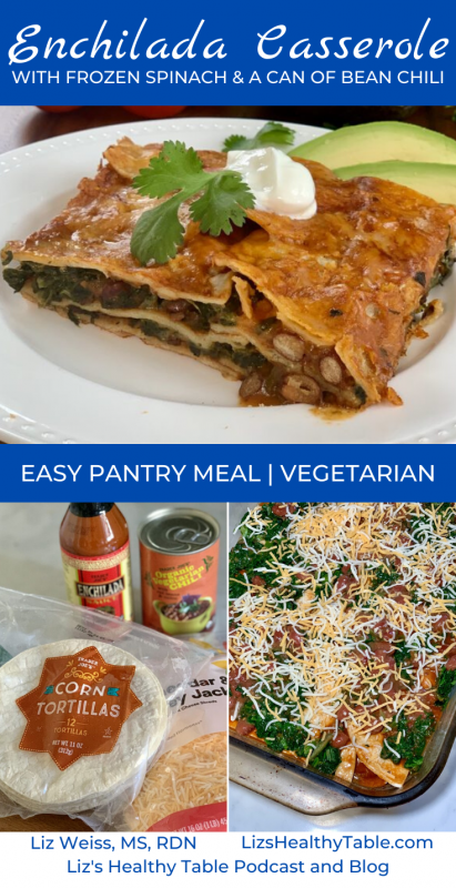 Enchilada Casserole with Frozen Spinach and a Can of Bean Chili via LizsHealthyTable.com 