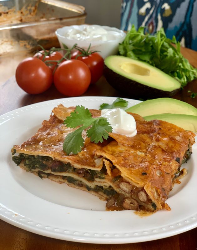 Quick Pantry Meal: Enchilada Casserole with Frozen Spinach and a Can of Bean Chili #quarantinekitchen via LizsHealthyTable.com
