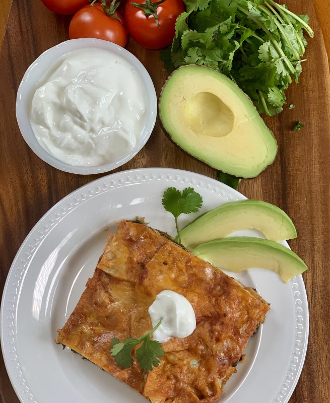 Quick Pantry Meal: Enchilada Casserole with Frozen Spinach and a Can of Bean Chili #quarantinekitchen via LizsHealthyTable.com