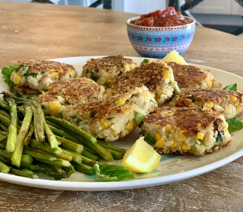 Veggie Bean Cakes with Quick Tomato Basil Sauce via LizsHealthyTable.com #cansforcomfort
