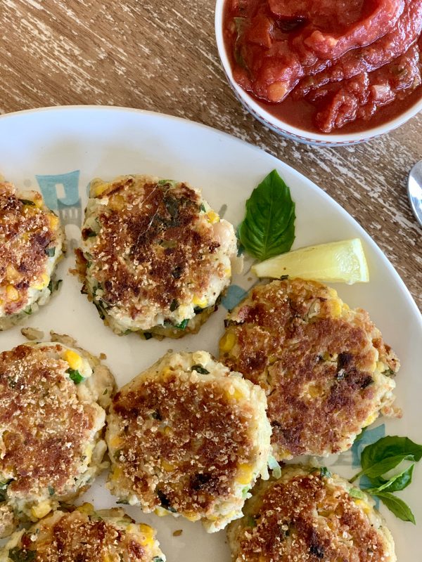 Veggie Bean Cakes with Quick Tomato Basil Sauce via LizsHealthyTable.com #cansforcomfort