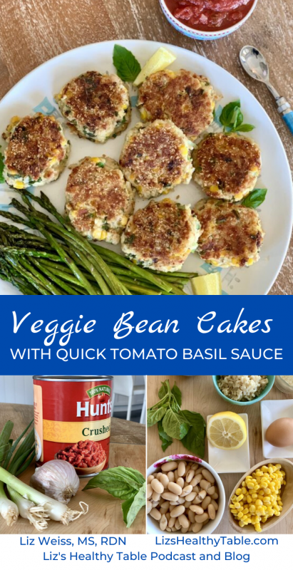 Veggie Bean Cakes with Quick Tomato Basil Sauce via LizsHealthyTable.com #cansforcomfort