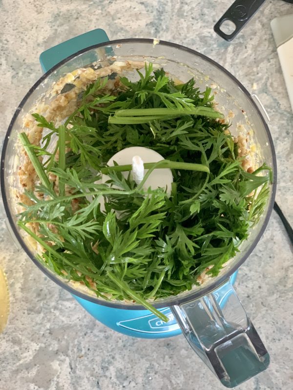 Nutty Carrot Top Pesto via LizsHealthyTable.com