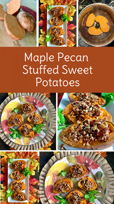 Maple Pecan Stuffed Sweet Potatoes for Thanksgiving via LizsHealthyTable.com #thanksgiving