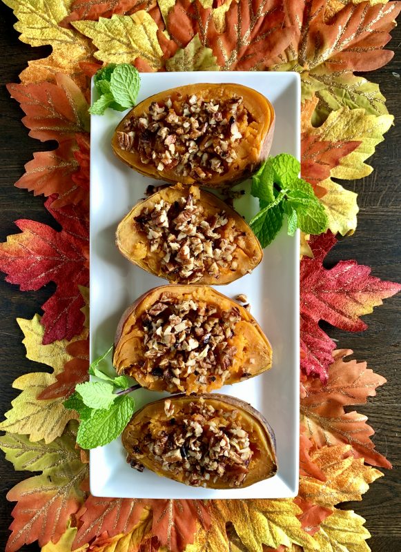 Maple Pecan Stuffed Sweet Potatoes for Thanksgiving via LizsHealthyTable.com #thanksgiving
