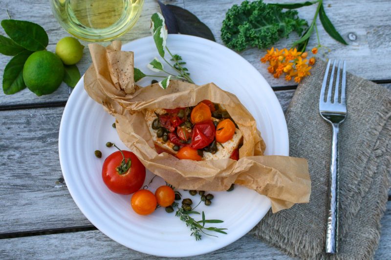 Mediterranean Tofu in Parchment via lizshealthytable.com #podcast