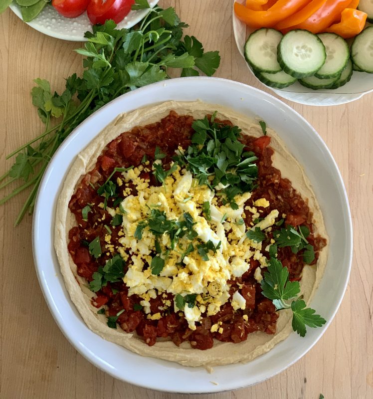 Hummus Shakshuka Snack Bowl with Veggies and Sweet Potato Chips via LizsHealthyTable.com