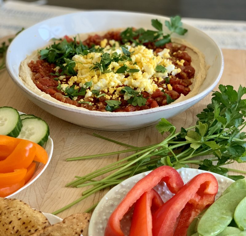 Hummus Shakshuka Snack Bowl with Veggies and Sweet Potato Chips via LizsHealthyTable.com