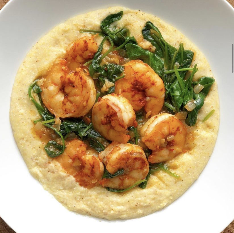 Shrimp, grits, and collard greens via lizshealthytable.com