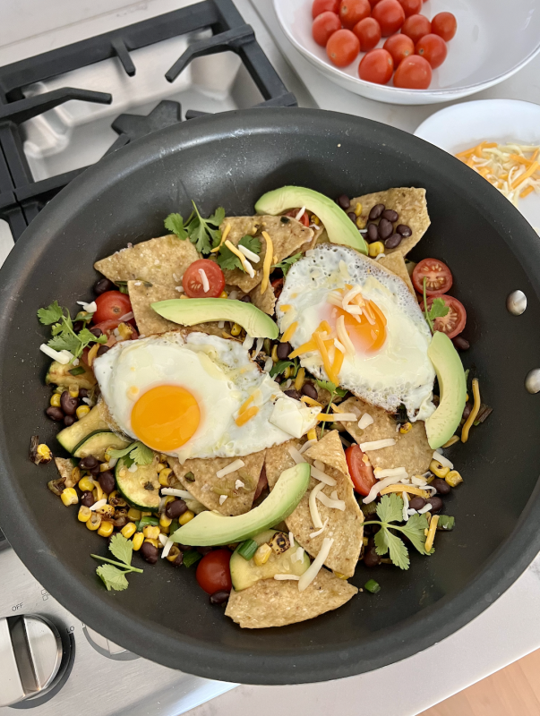 Zucchini and Black Bean Chilaquiles skillet via lizshealthytable.com #podcast