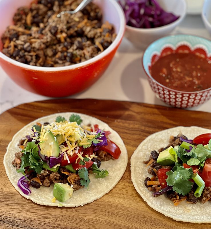Beef & Bean Tacos with Lots of Vegetable Toppings via lizshealthytable.com