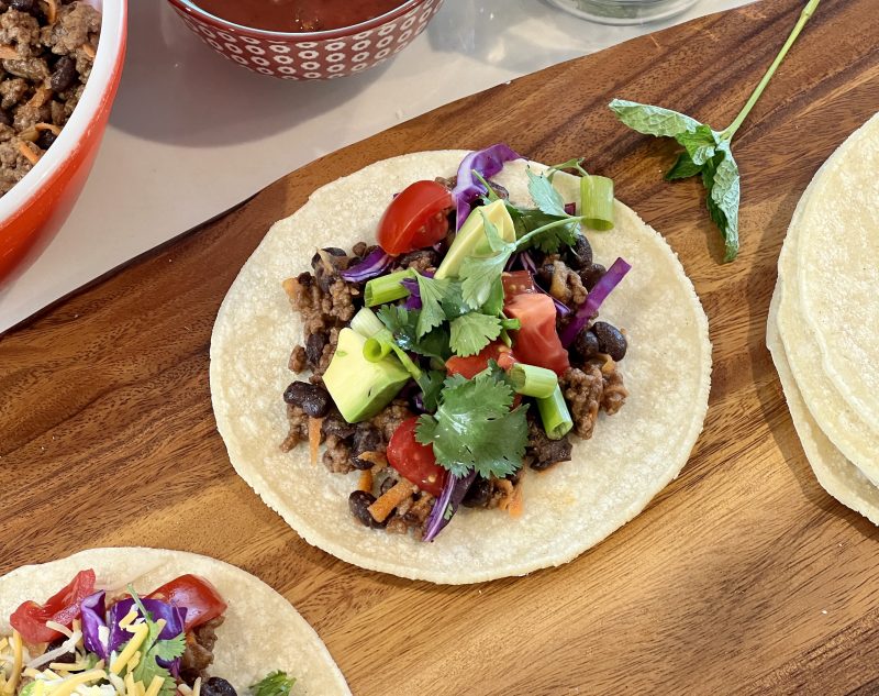 Beef & Bean Tacos with Lots of Vegetable Toppings via lizshealthytable.com