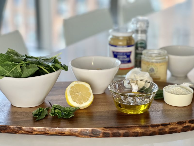 Kale and pine nut pesto ingredients via lizshealthytable.com