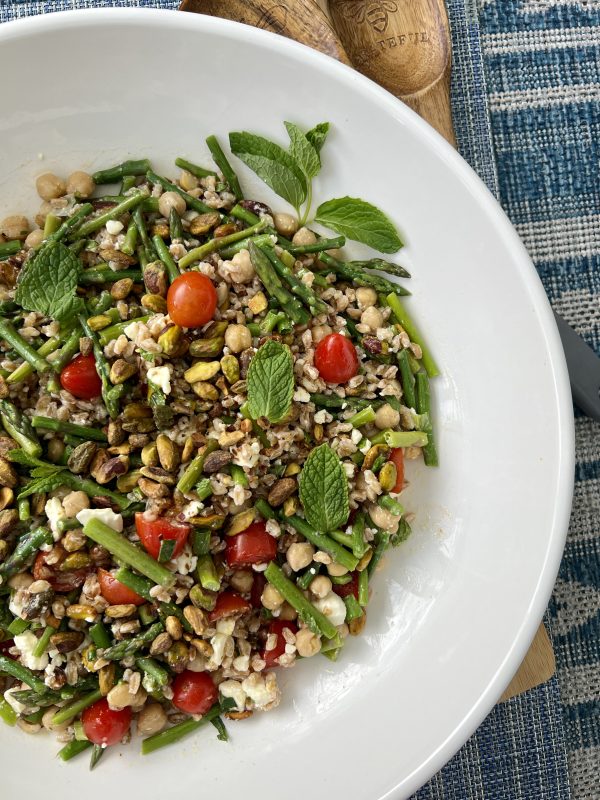 Mediterranean Farro Salad with Pistachios, Asparagus, and Mint.