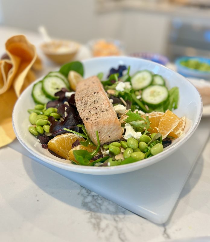 Citrus Salmon Salad with Edamame, Toasted Almonds, and Feta via lizshealthytable.com 