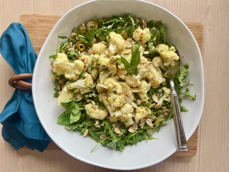 Roasted Cauliflower Salad with Arugula, White Beans, and Celery via lizshealthytable.com