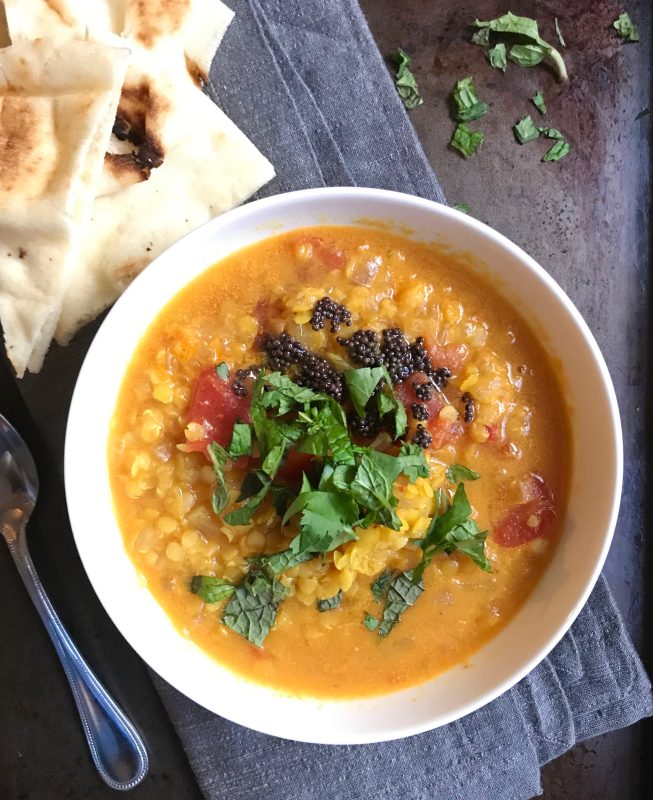 Red lentil dal soup via lizshealthytable.com
